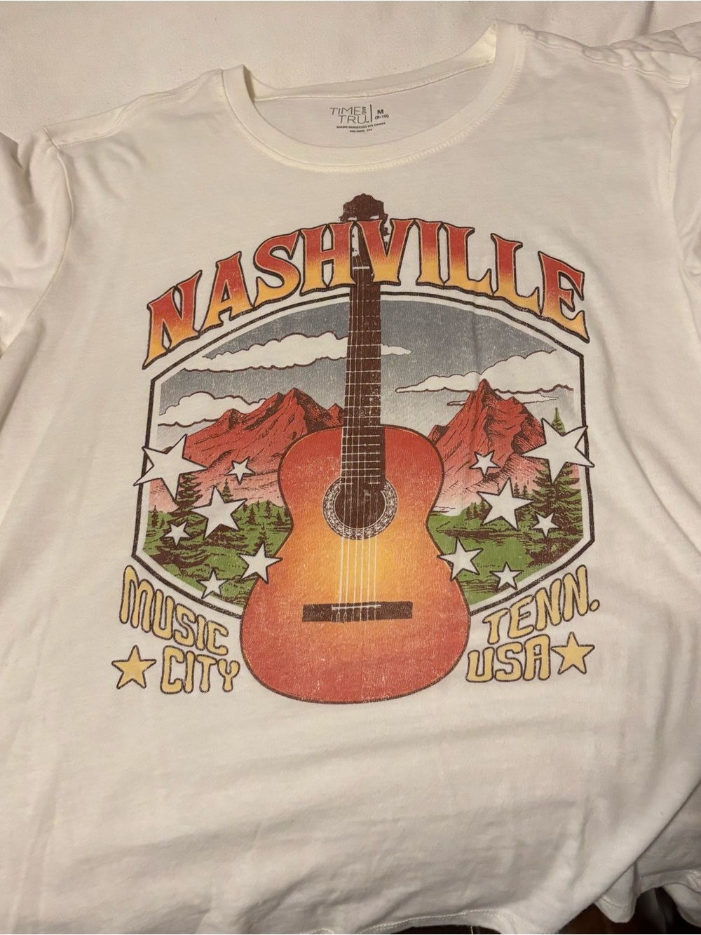Time and Tru White Nashville Graphic Tee with Orange Guitar